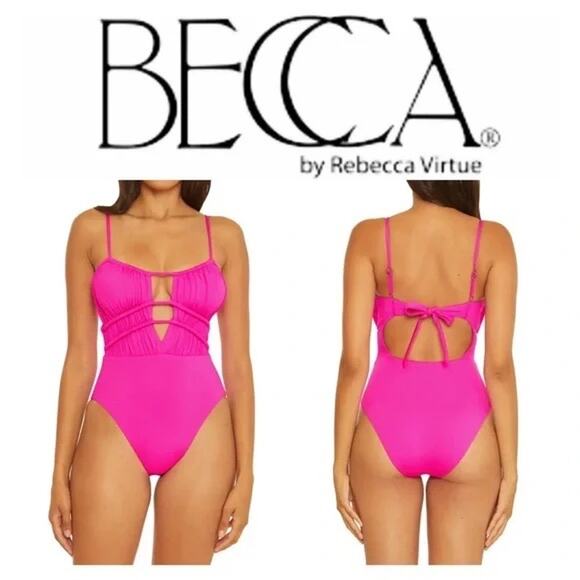 Becca by Rebecca Virtue Shirred Front Sarai Pink One Piece Swimsuit Size Large - Picture 1 of 9